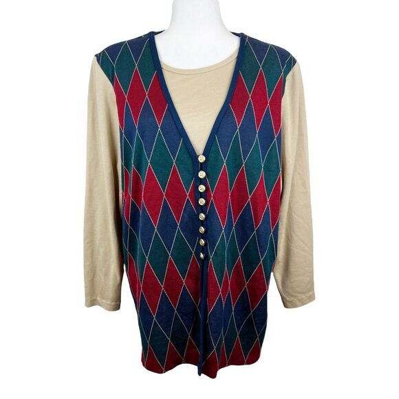 Vintage Alfred Dunner Sweater Women Large Green Argyle Pullover Built In Vest - Picture 1 of 16